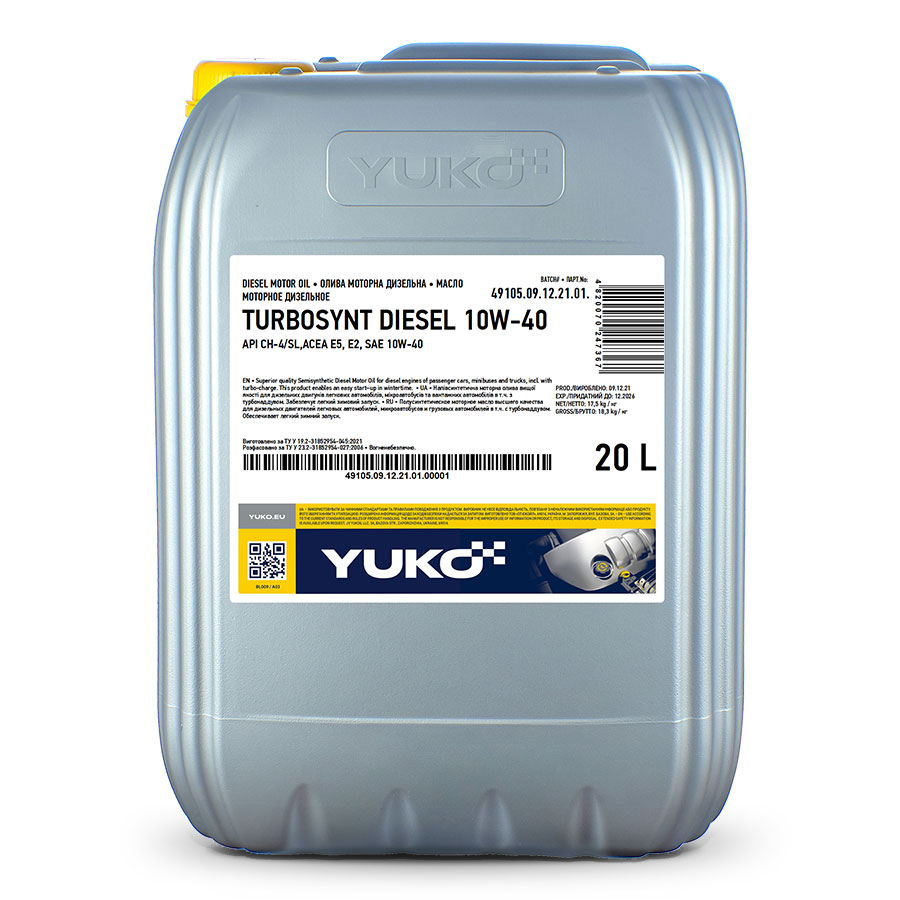 YUKO TURBOSYNT DIESEL 10W-40  API CH-4/SL 17,5кг каністра 20л ПЕ